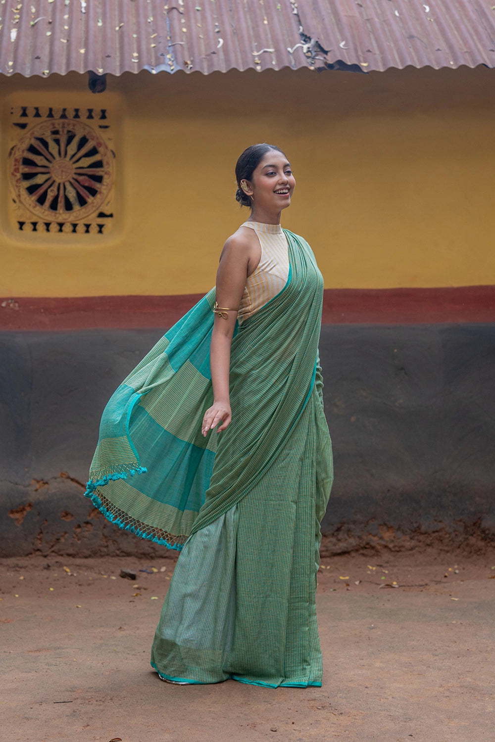 Handloom Sea Green Check Mul Cotton Saree
