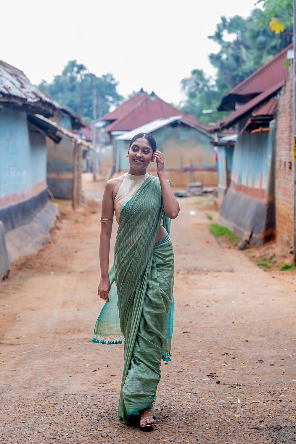 Handloom Sea Green Check Mul Cotton Saree