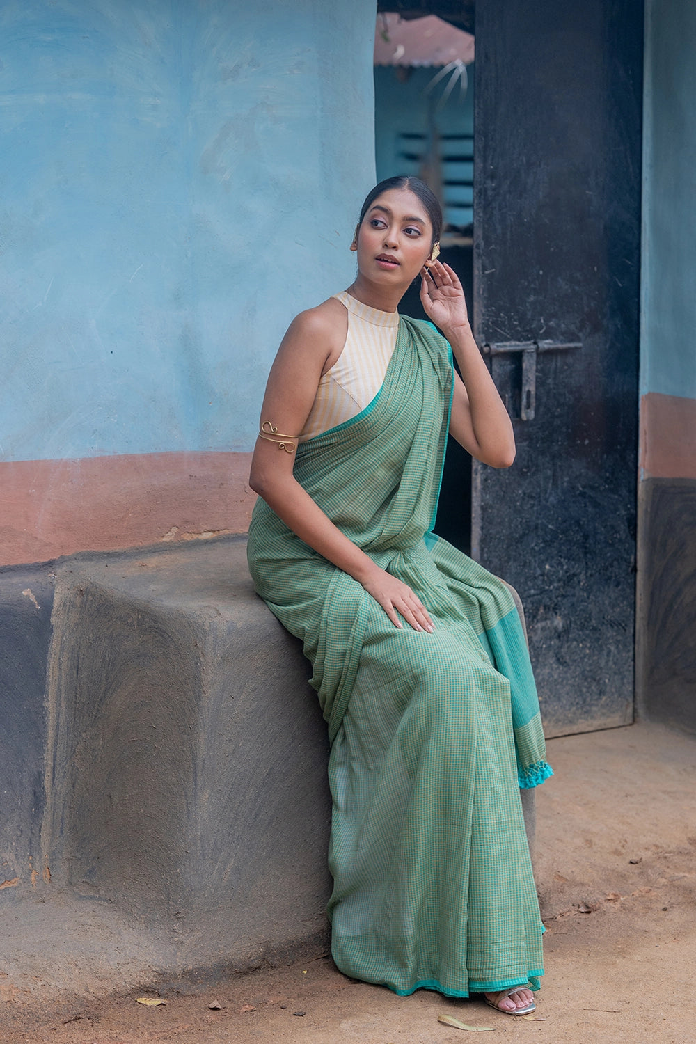 Handloom Sea Green Check Mul Cotton Saree