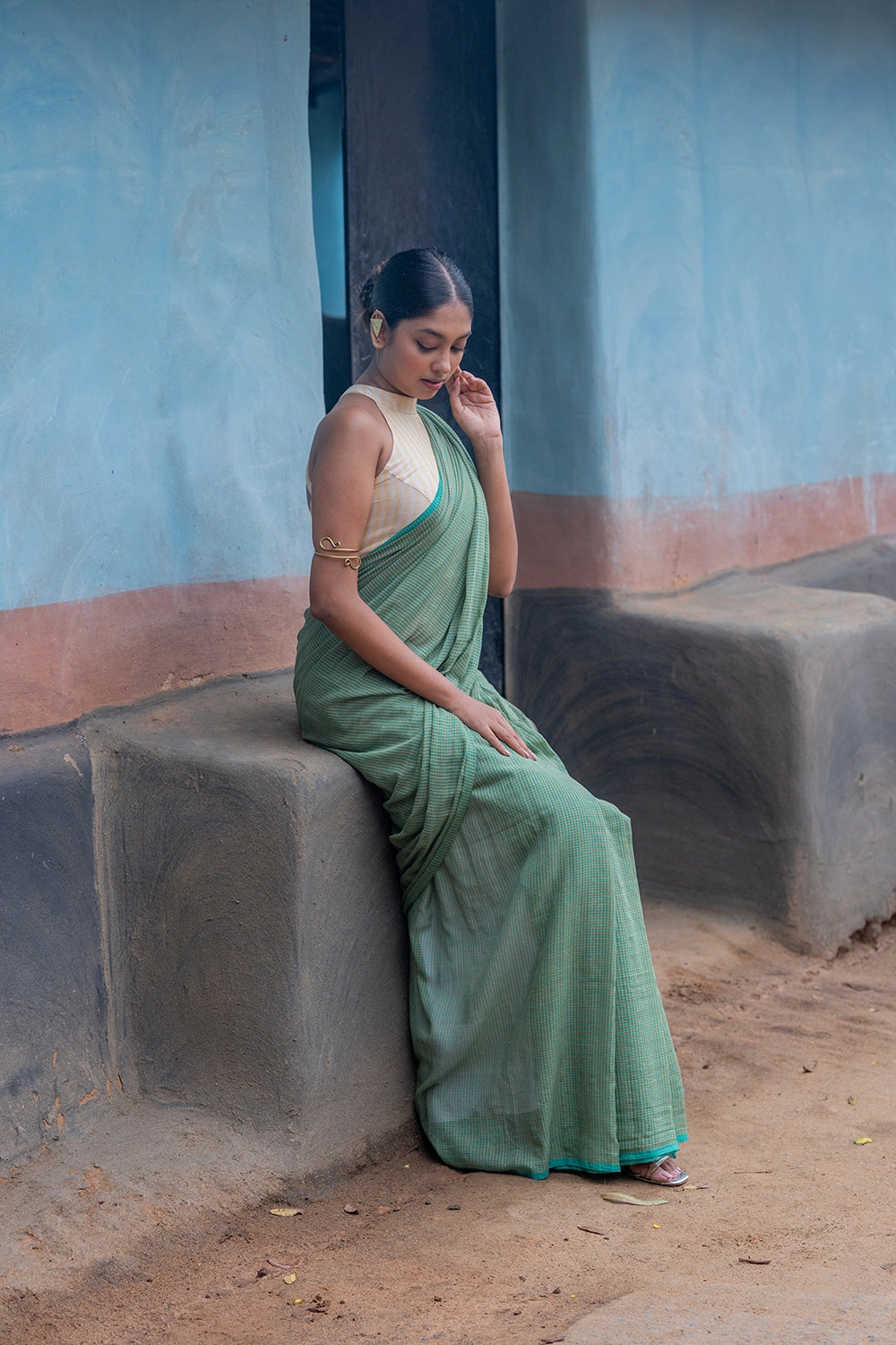 Handloom Sea Green Check Mul Cotton Saree