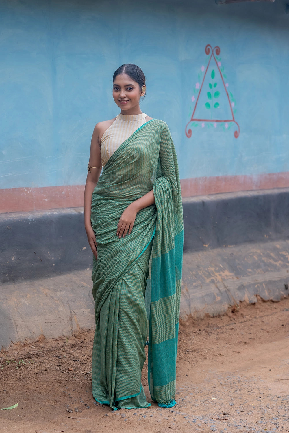 Handloom Sea Green Check Mul Cotton Saree