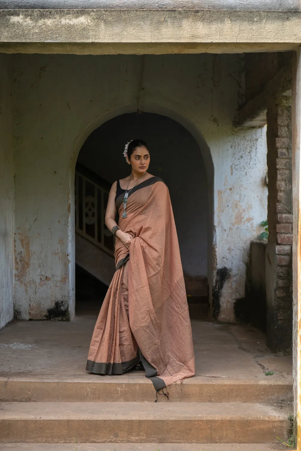 Handloom Light Brown Pure Cotton Saree with Black Border
