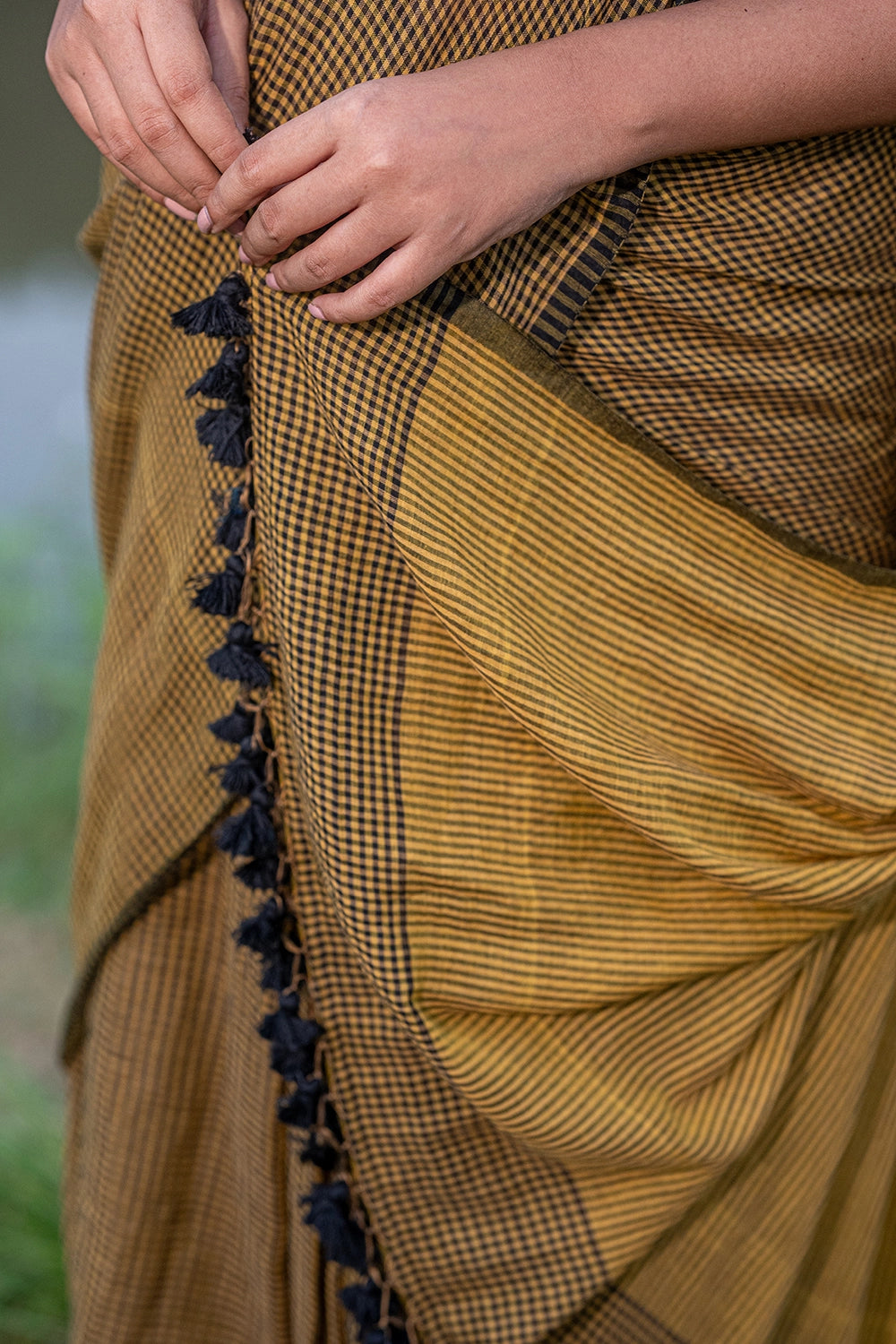 Handloom Olive Green Check Mul Cotton Saree