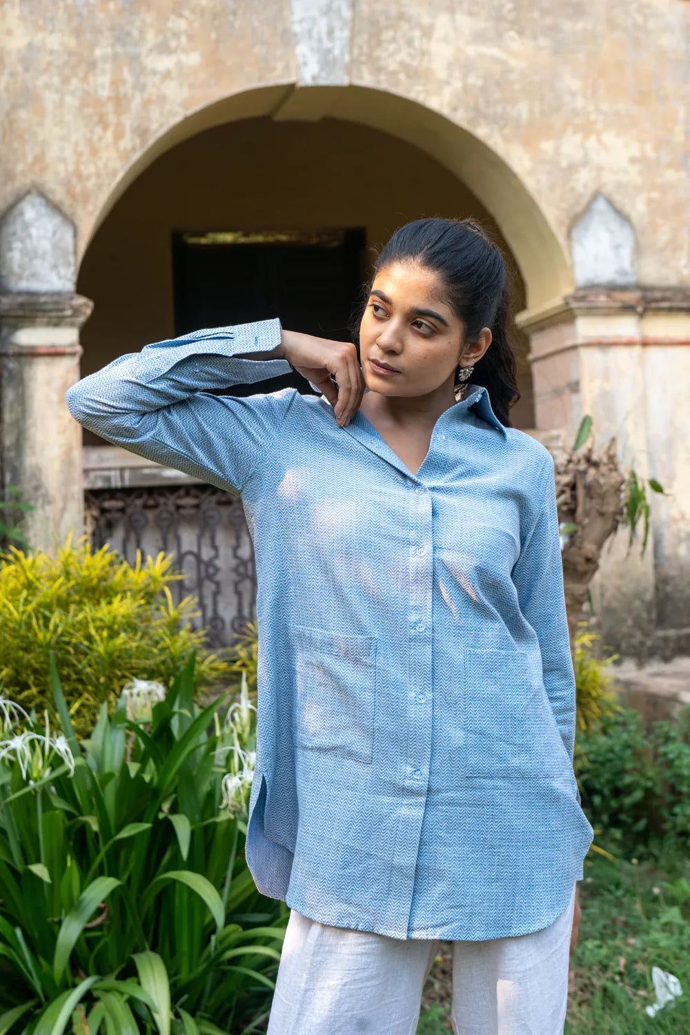 Blue and White Zig Zag Stripes Pure Cotton Shirt