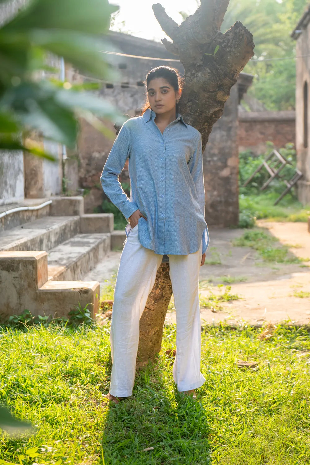 Blue and White Zig Zag Stripes Pure Cotton Shirt