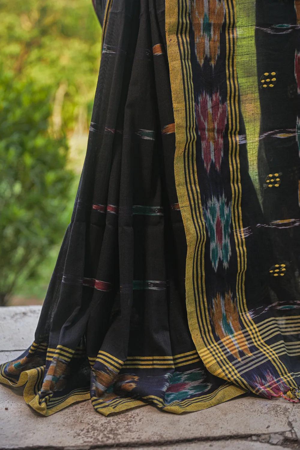Handloom Black Pure Cotton Saree with Ikkat Border