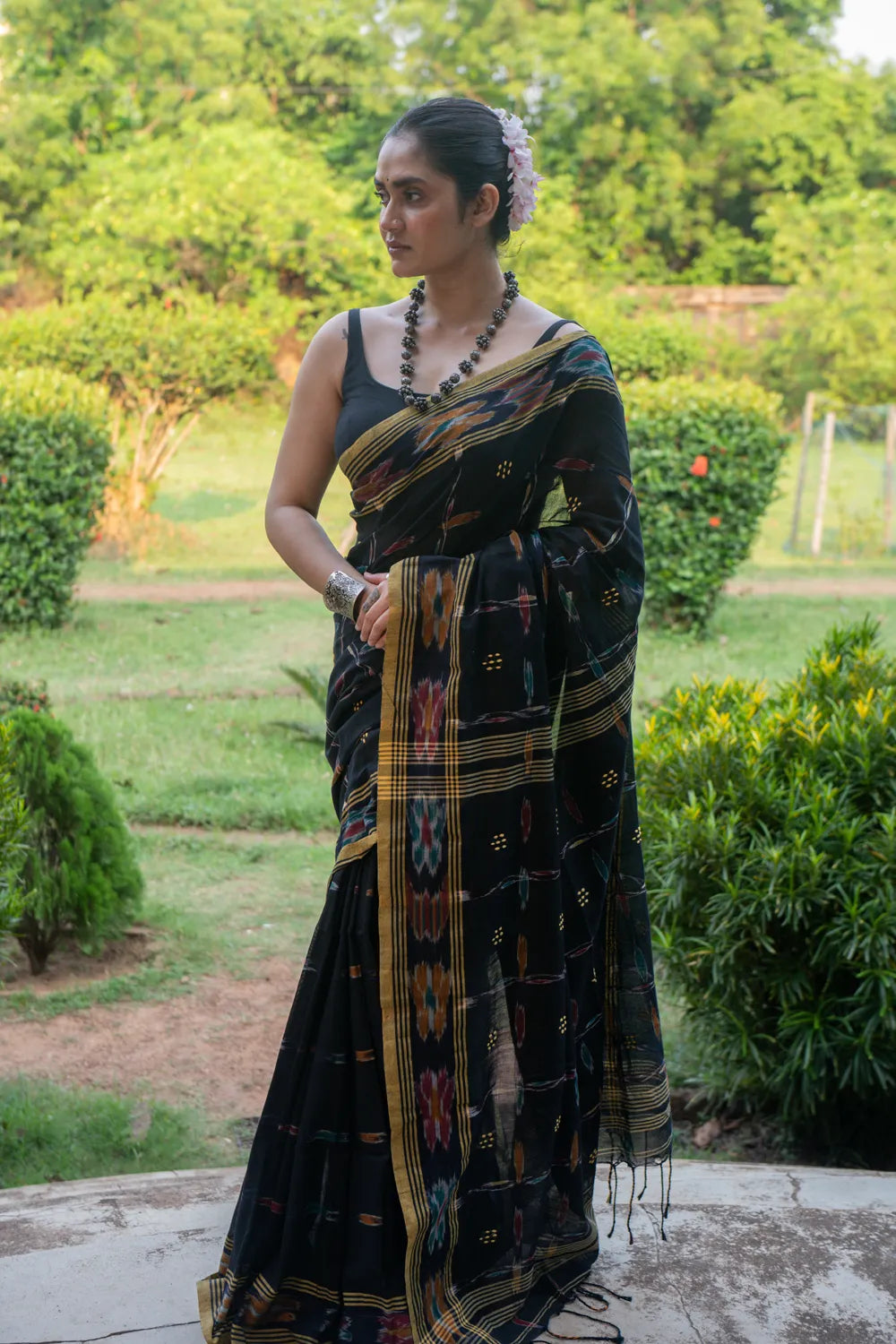 Handloom Black Pure Cotton Saree with Ikkat Border