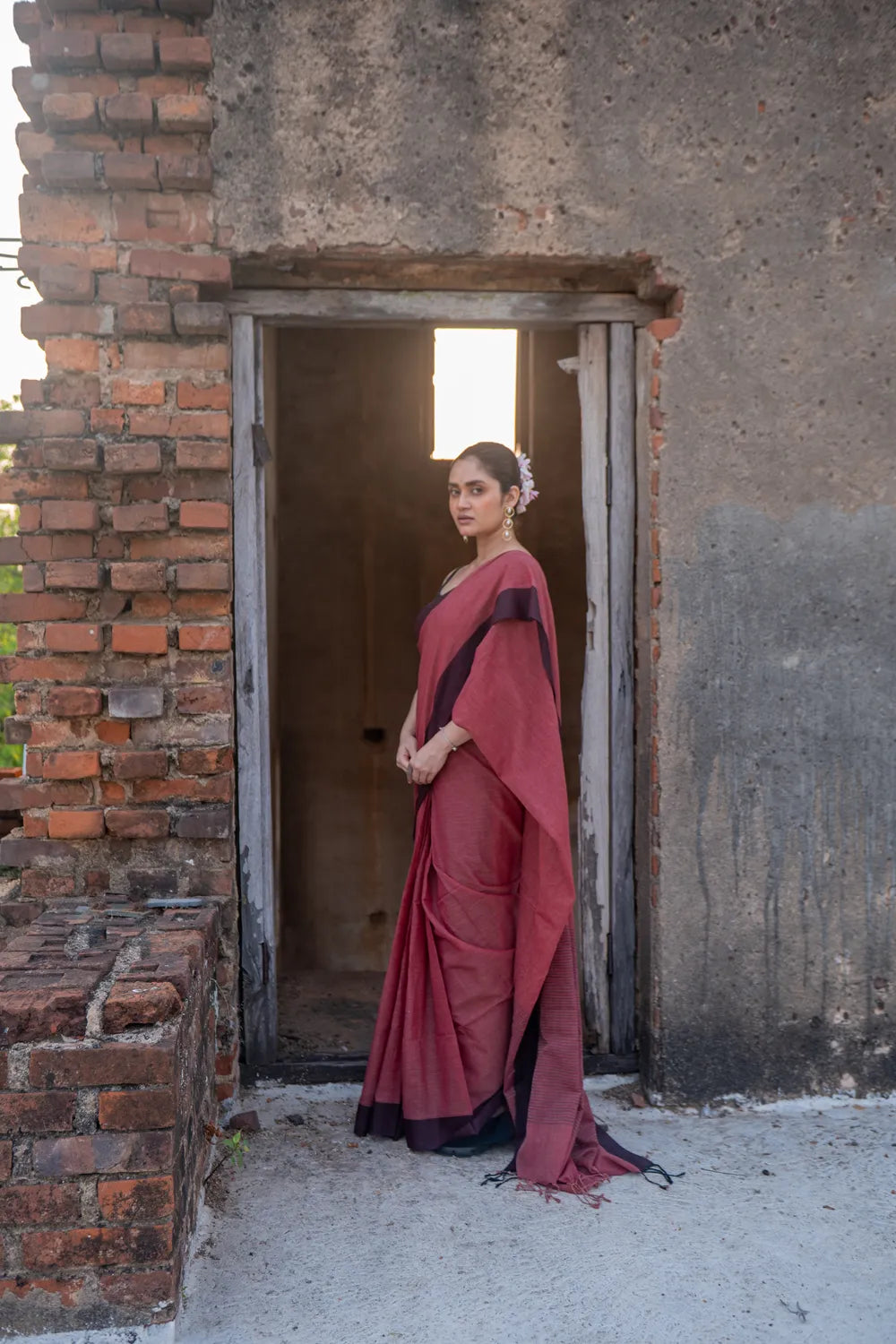 Handloom Brick Red Pure Cotton Saree with Black Border