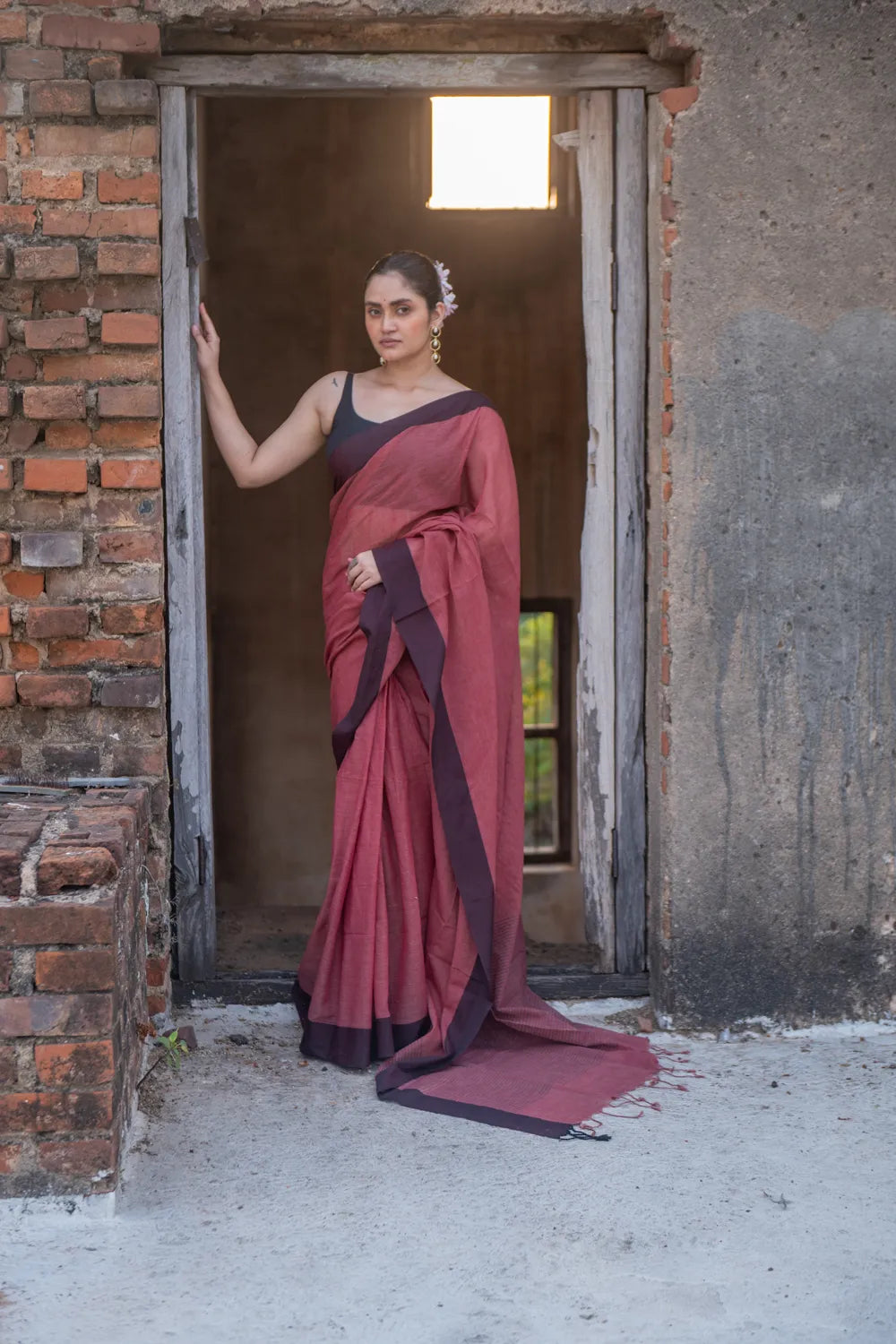 Handloom Brick Red Pure Cotton Saree with Black Border