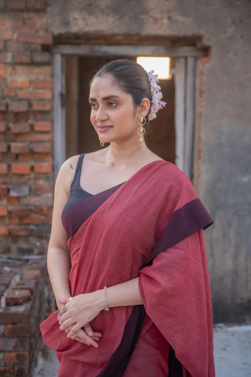 Handloom Brick Red Pure Cotton Saree with Black Border