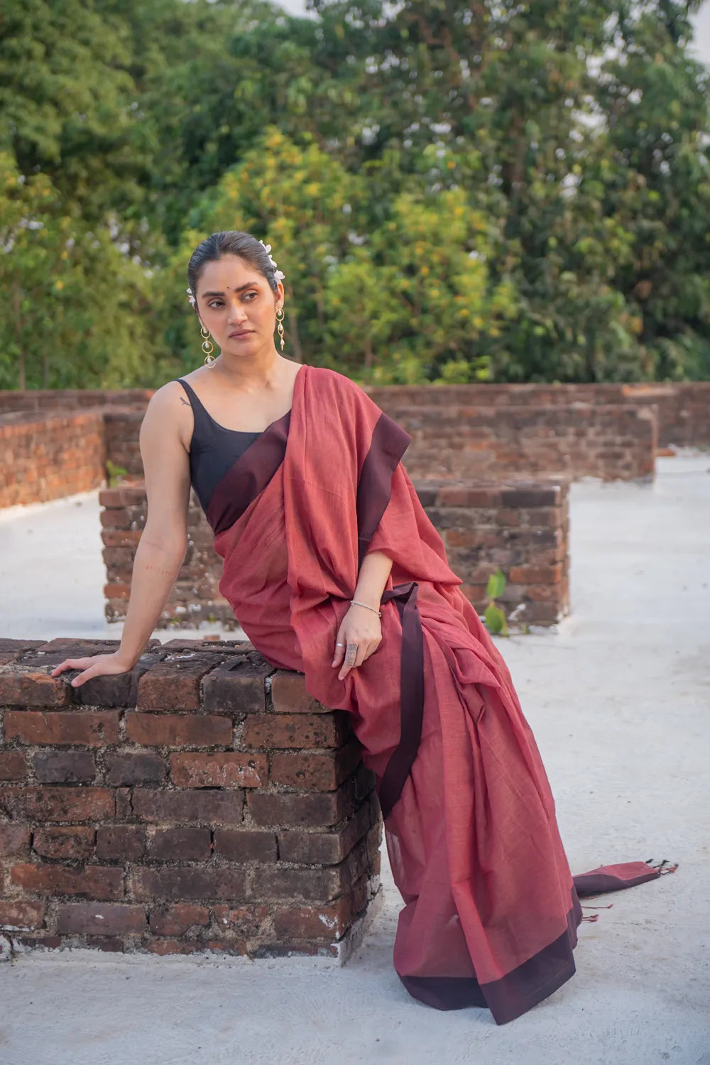 Handloom Brick Red Pure Cotton Saree with Black Border
