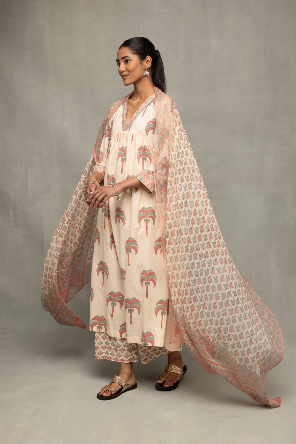 Handcrafted Cream and Pink Block Print Cotton Kurta Set with Dupatta