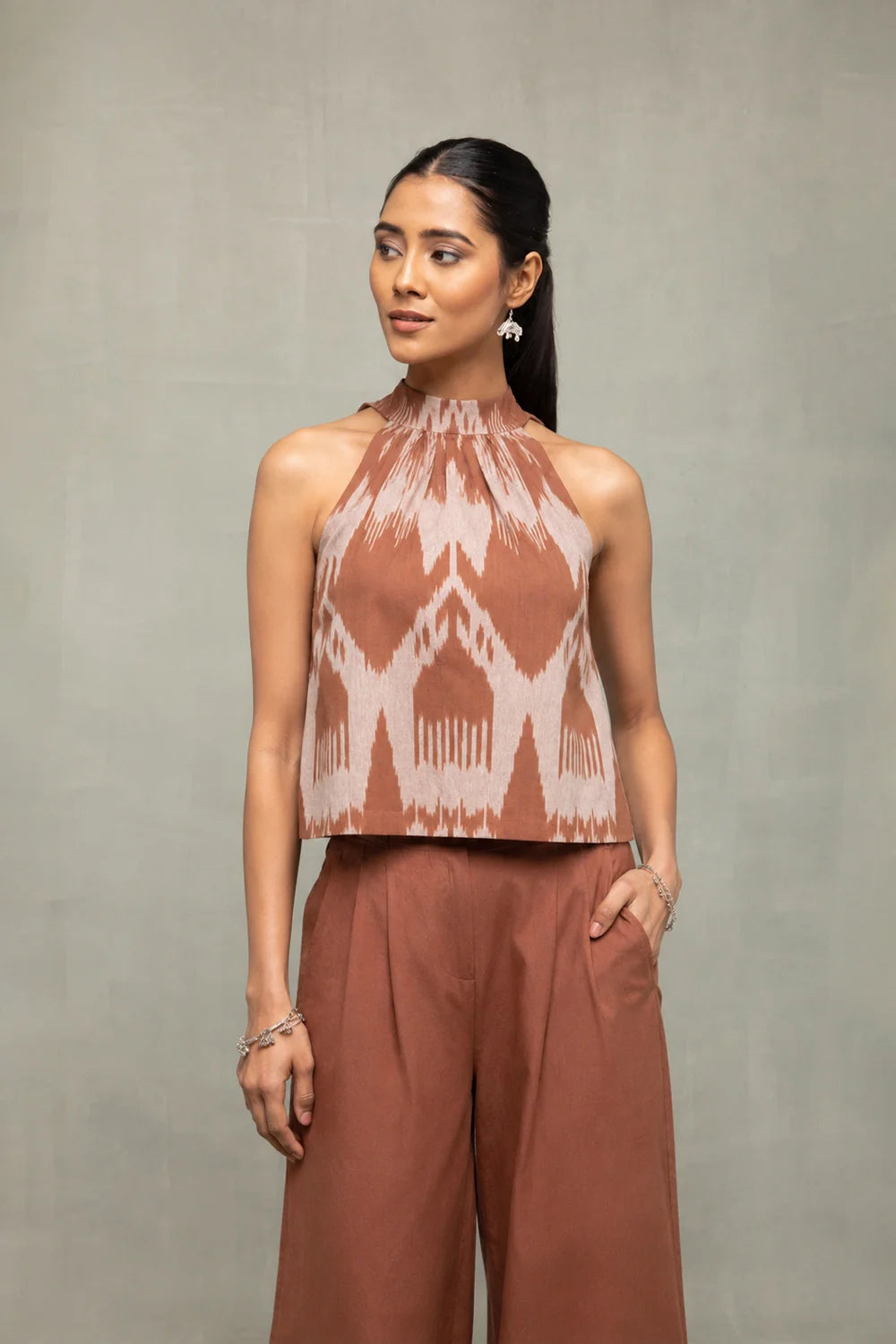 Handloom Brown Abstract Ikkat Halter Top