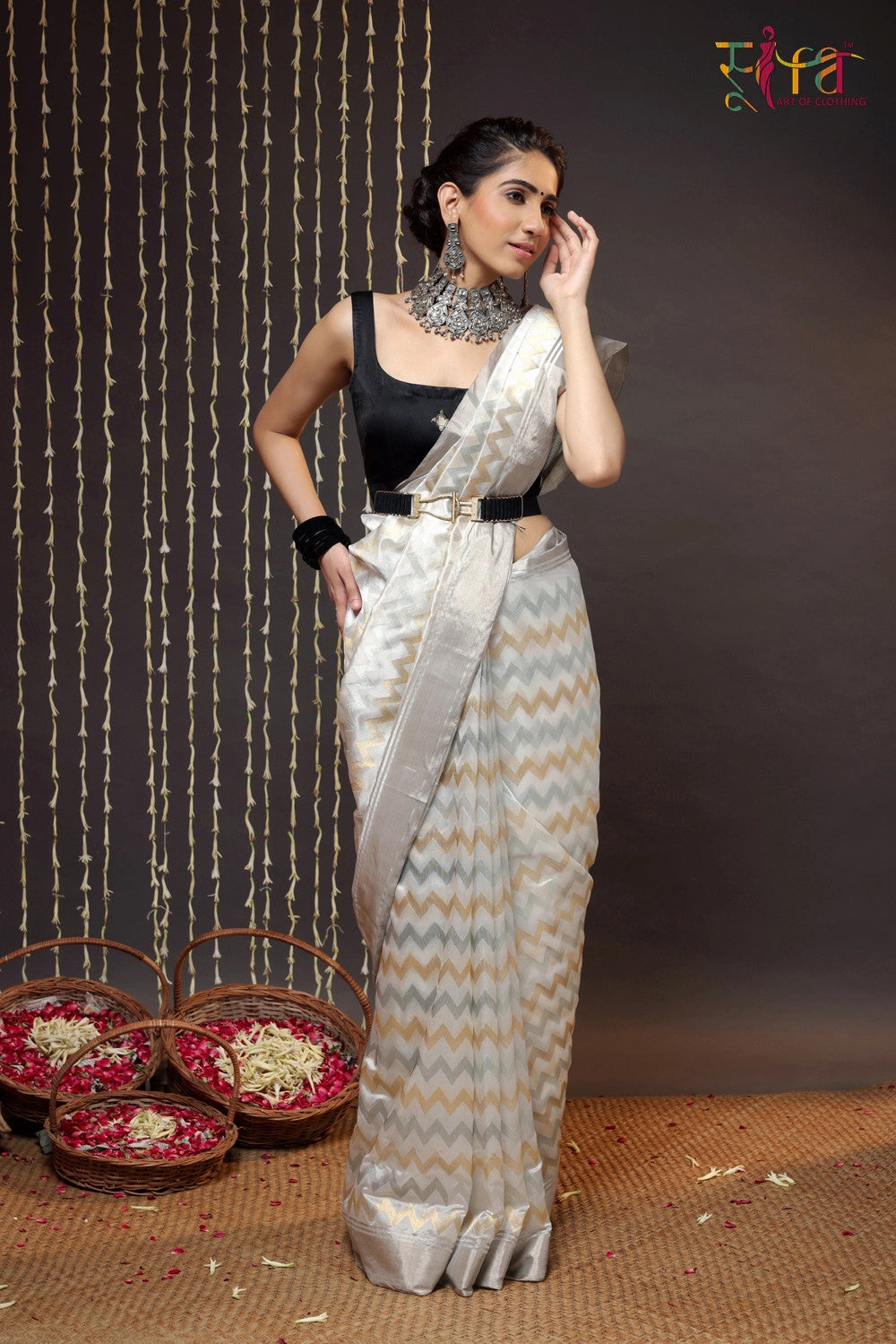 Silver and White Tissue Linen Saree | Shobitam Saree