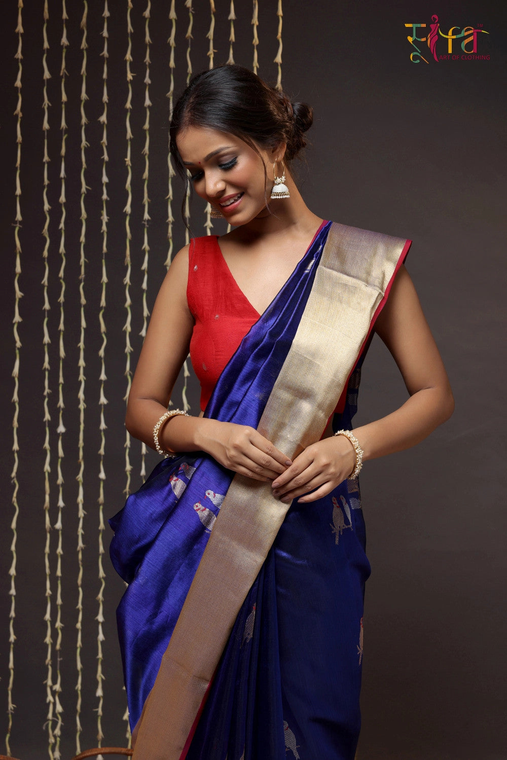 Navy Blue Handloom Pure Silk Chanderi Saree With Broad Zari Border