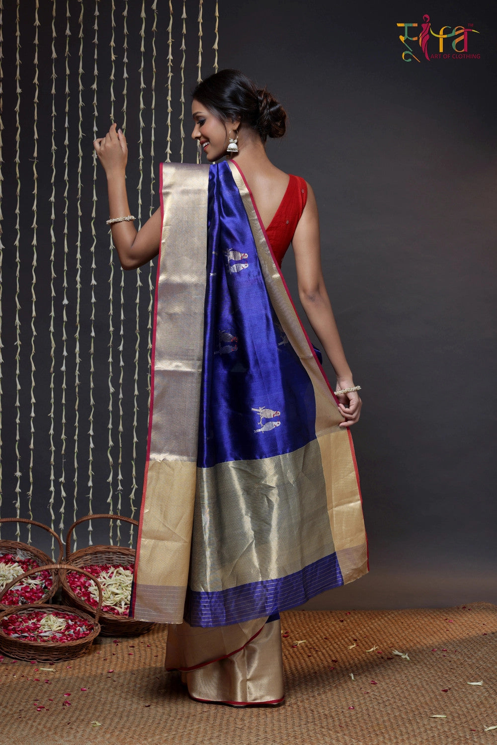 Navy Blue Handloom Pure Silk Chanderi Saree With Broad Zari Border