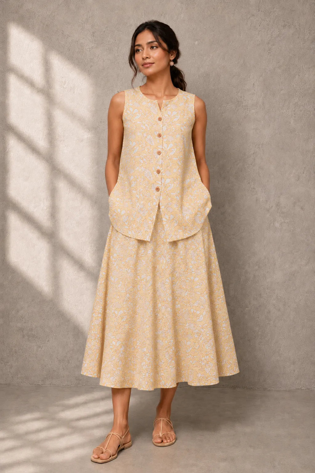 Yellow Pure Cotton Hand Block Print Skirt