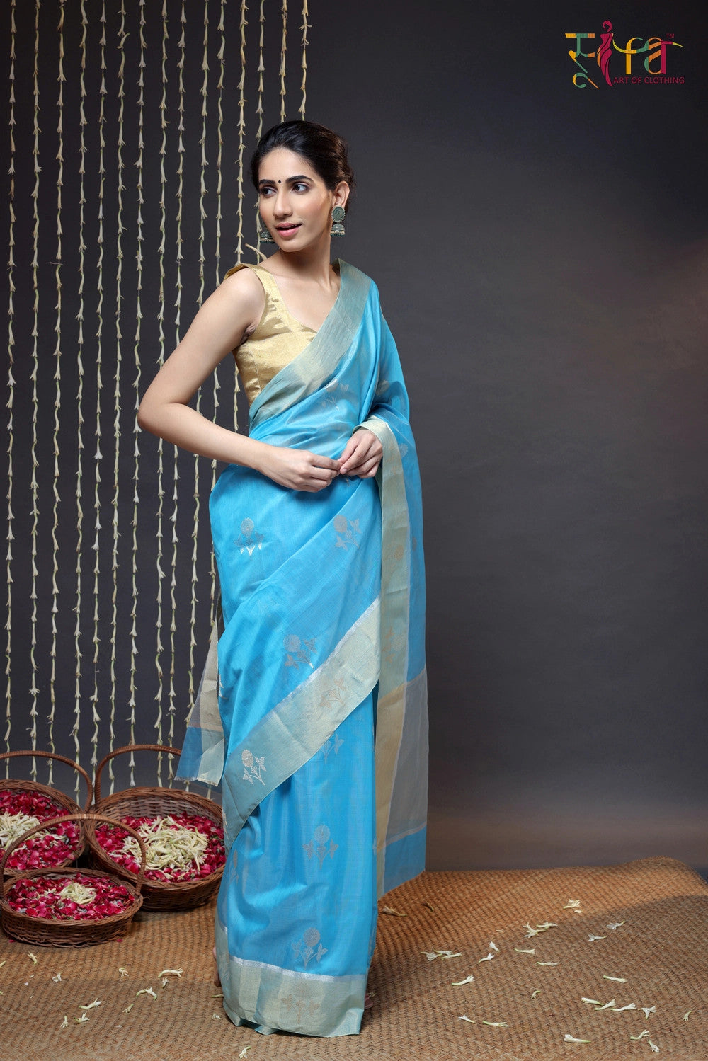 Sky Blue Handloom Chanderi Saree With Zari Floral Motifs