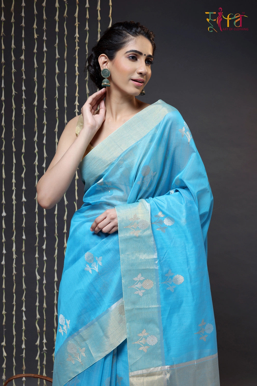 Sky Blue Handloom Chanderi Saree With Zari Floral Motifs