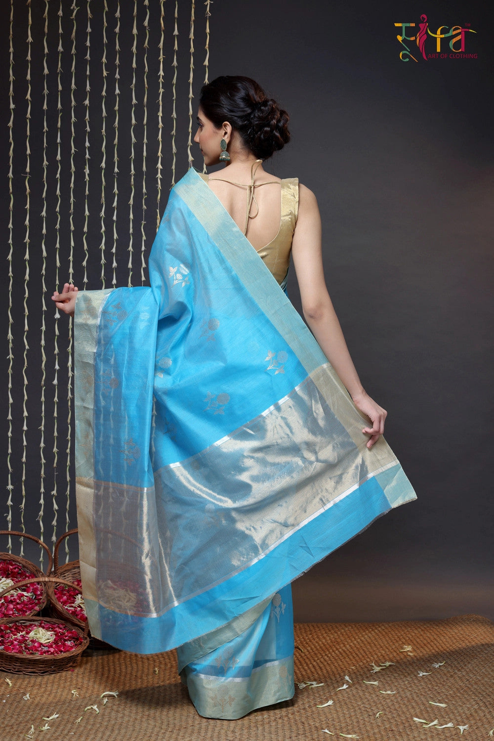 Sky Blue Handloom Chanderi Saree With Zari Floral Motifs