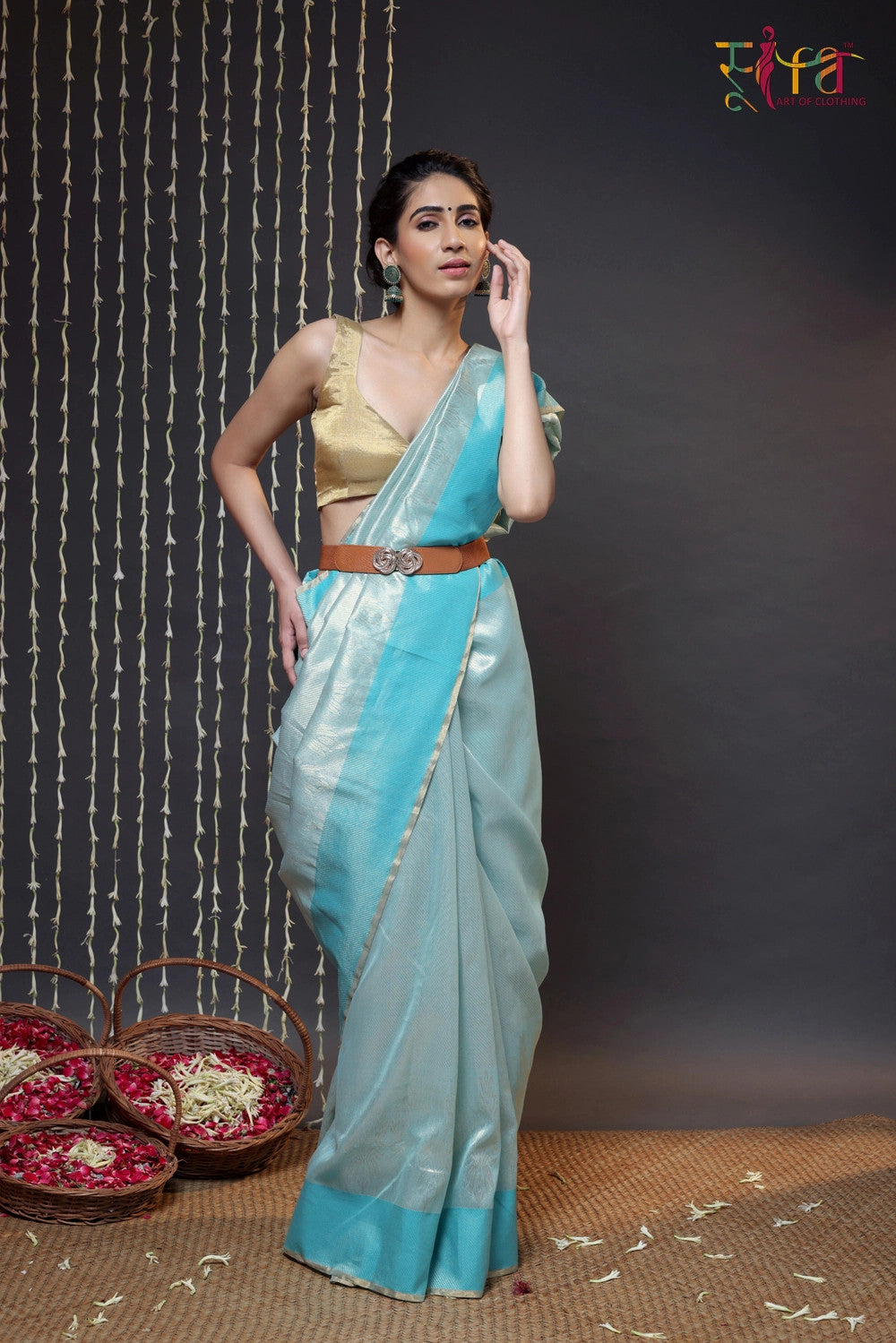 Sea Blue Chanderi pure silk woven with zari motifs