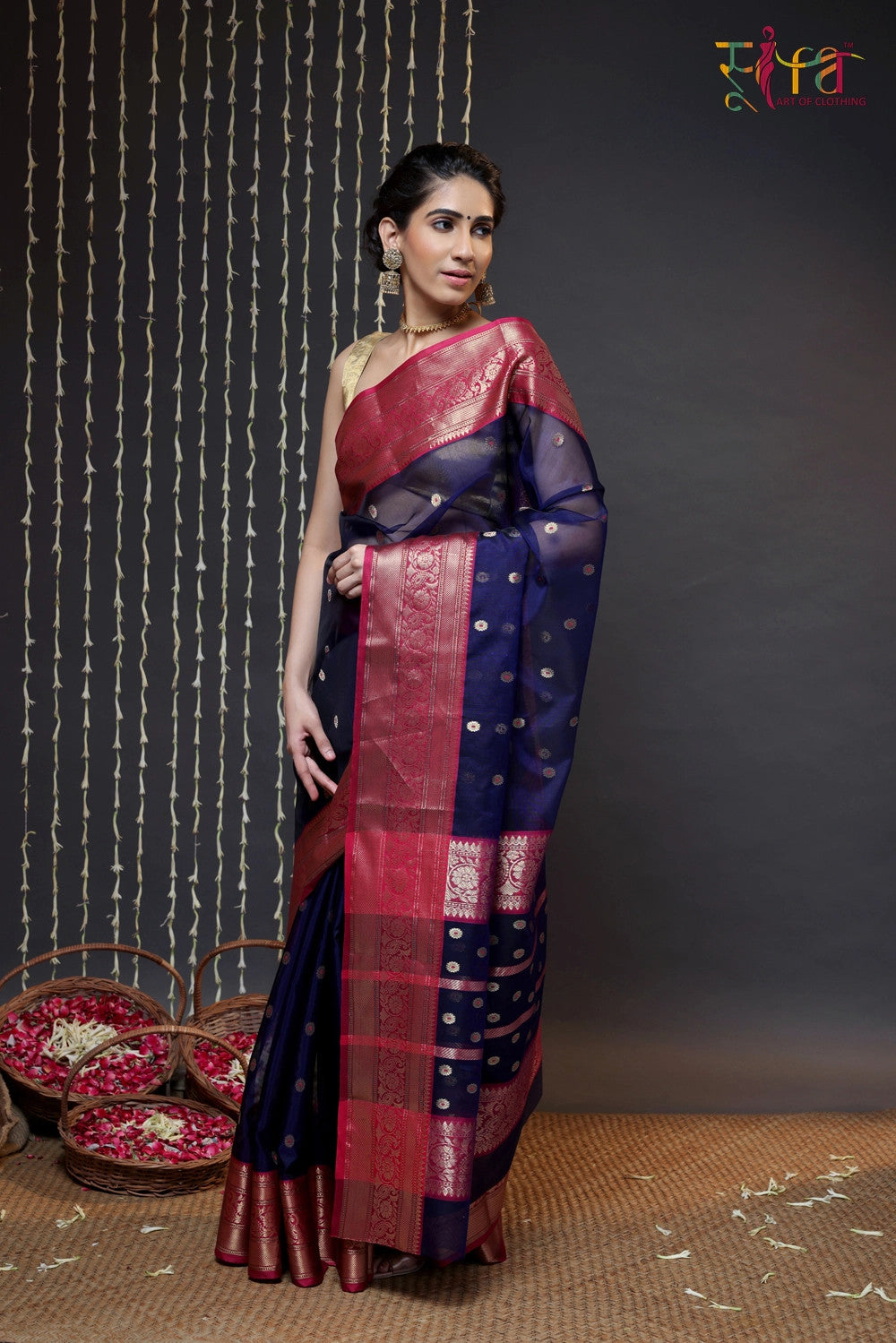 Navy Blue Handloom Chanderi Pure Katan Silk Saree With Hot Pink Border