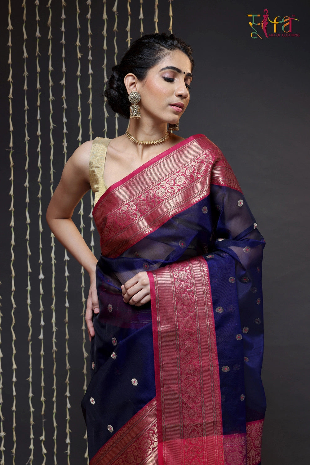 Navy Blue Handloom Chanderi Pure Katan Silk Saree With Hot Pink Border