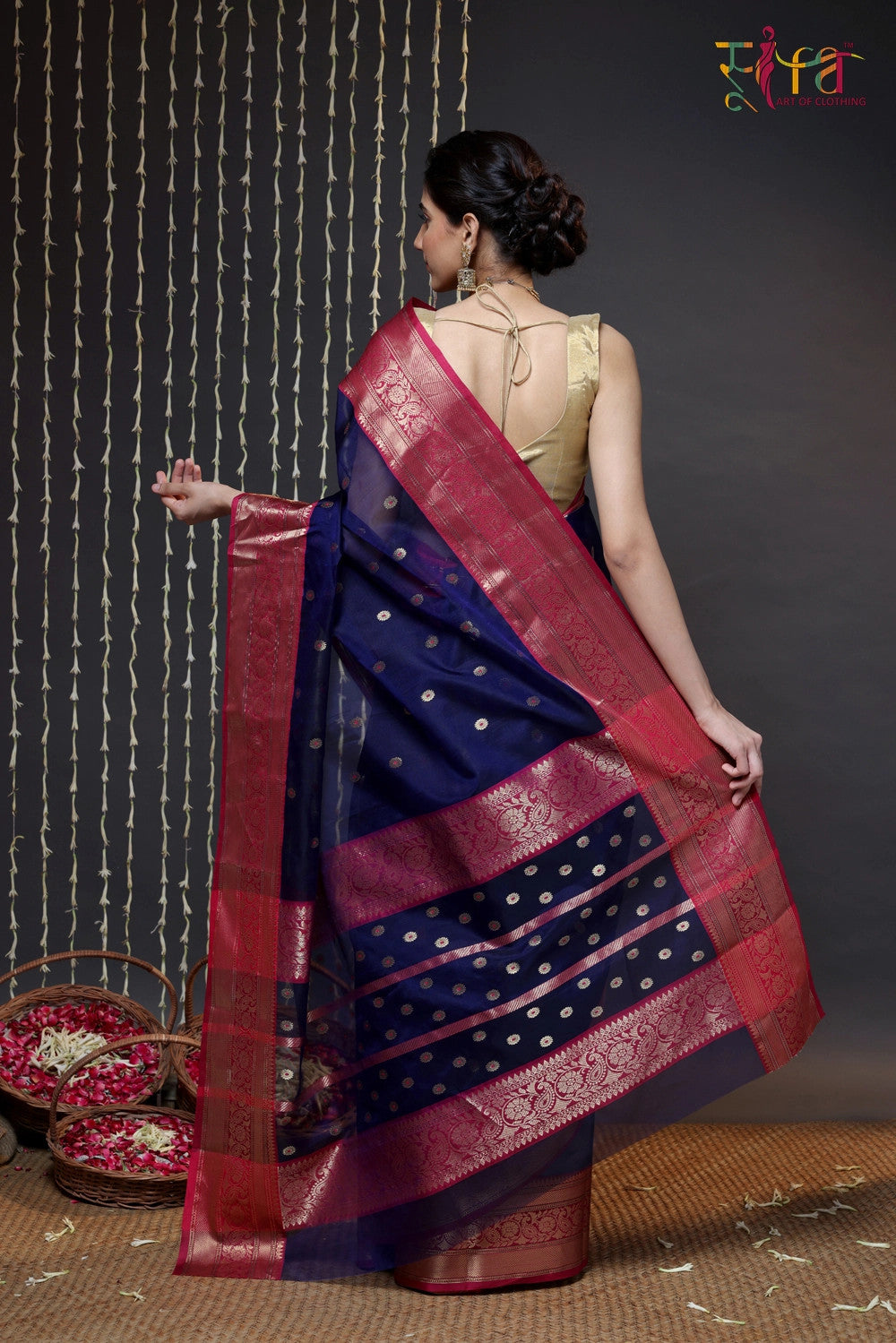 Navy Blue Handloom Chanderi Pure Katan Silk Saree With Hot Pink Border