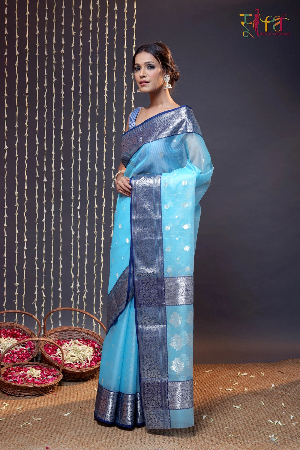 Handloom Sky Blue Katan Silk Chanderi Saree With Navy Blue Border