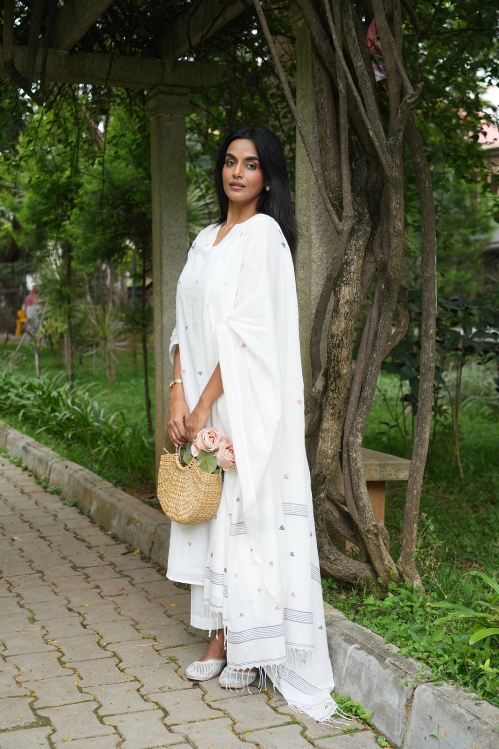 Handloom White Pure Cotton Heart Shape Jamdani Kurta Set With Dupatta
