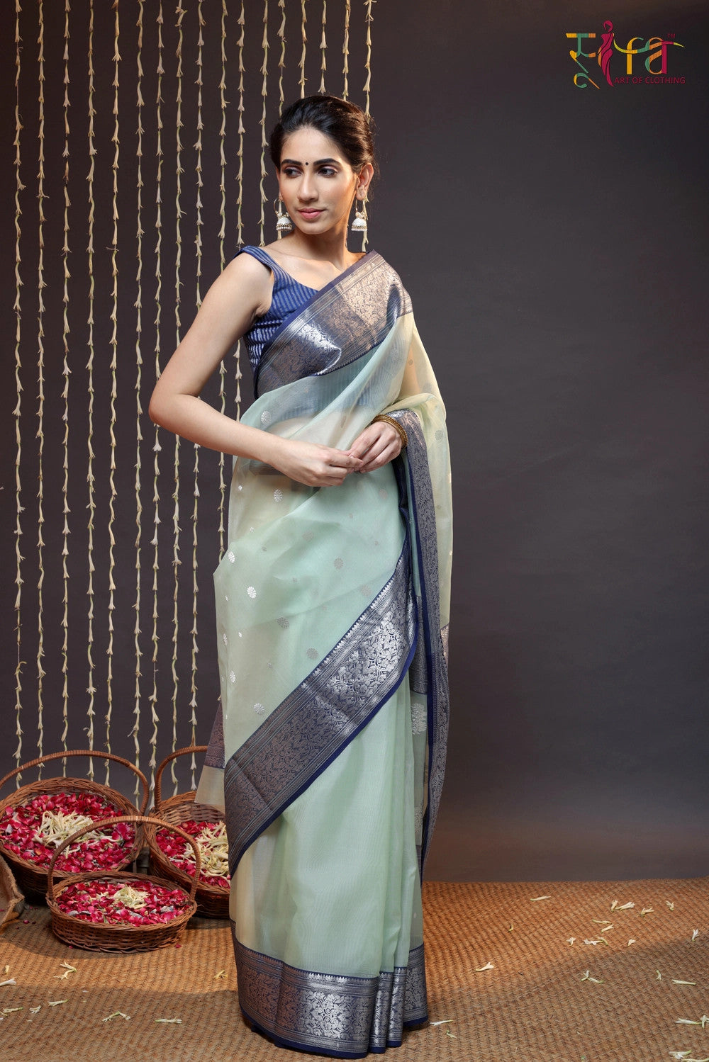 Handloom Pastel Green Katan Silk Chanderi Saree With Navy Blue Border