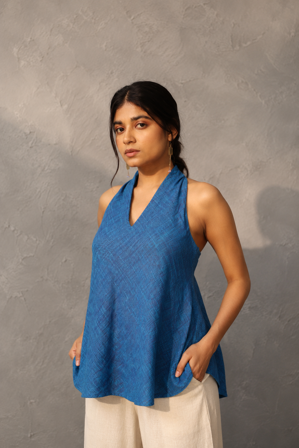 Aquina Blue Pure Cotton Halter Top