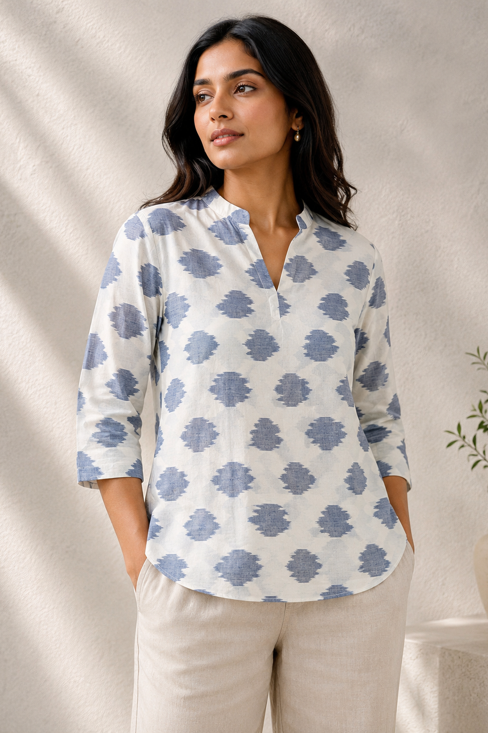 White & Powder Blue Ikat Handwoven Cotton Top