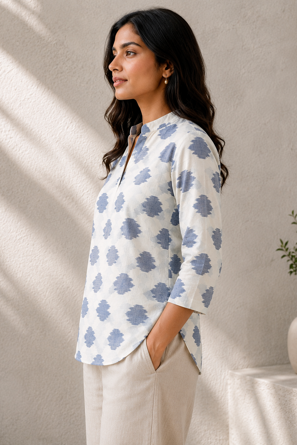 White & Powder Blue Ikat Handwoven Cotton Top