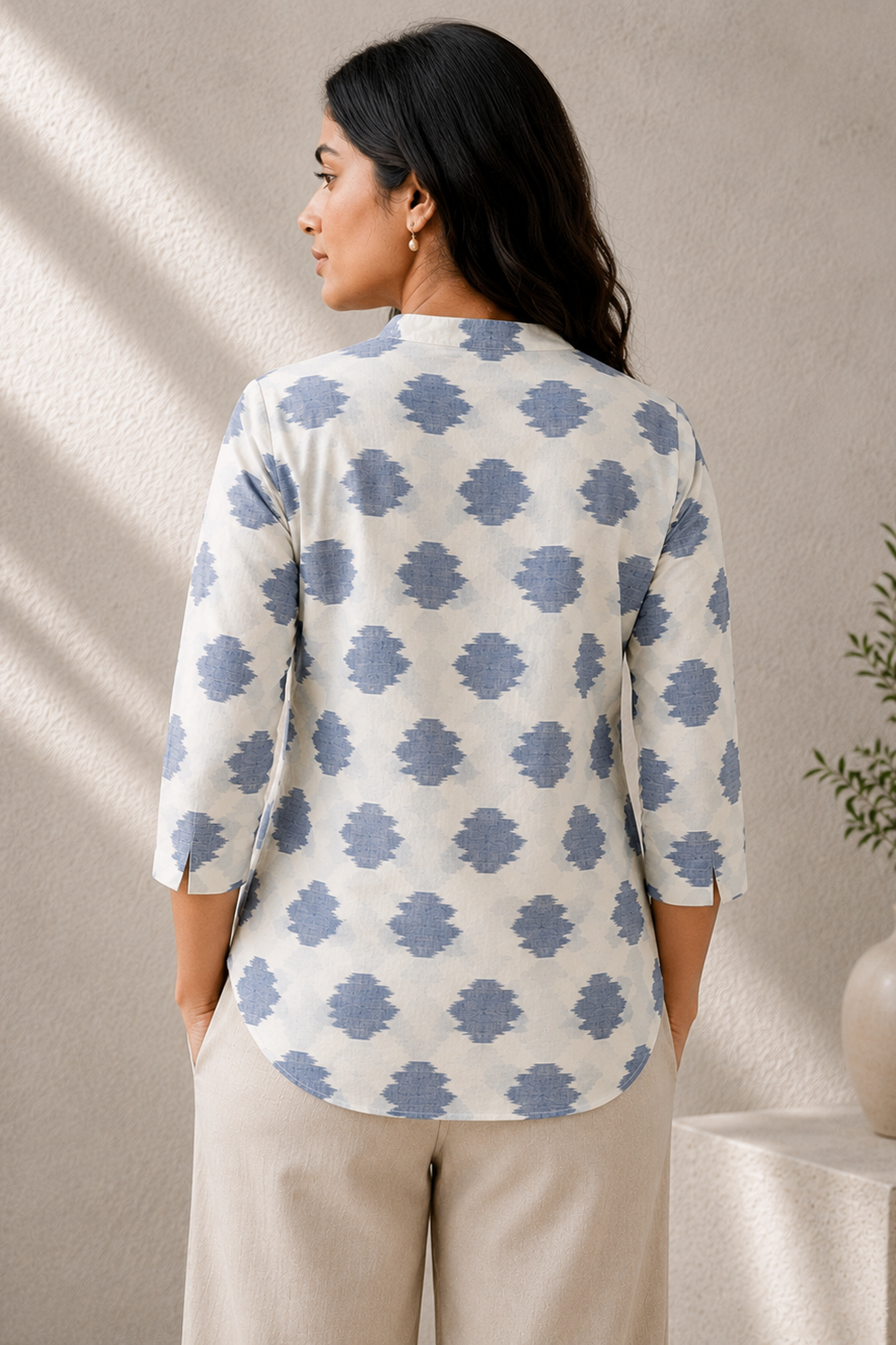 White & Powder Blue Ikat Handwoven Cotton Top
