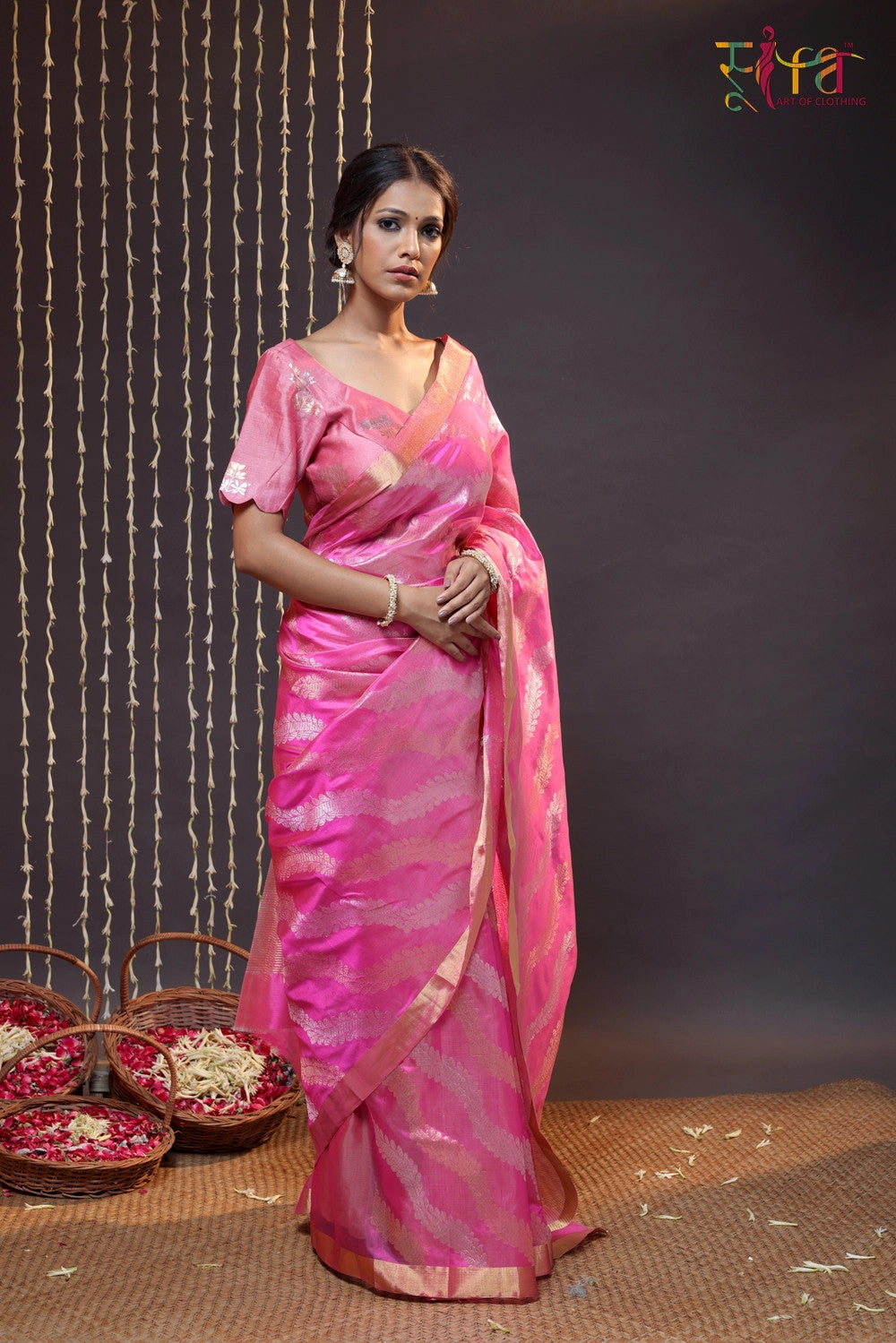 Hot Pink Handloom Chanderi Silk Saree With Zari