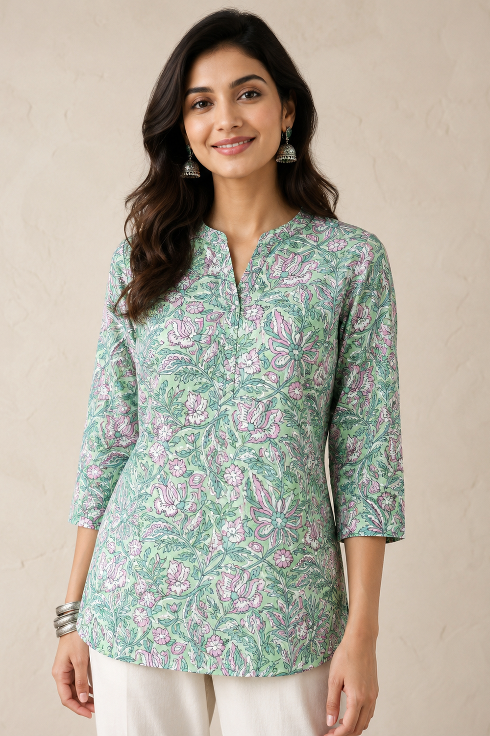 Mint Green Botanical Hand Block Printed Pure Cotton Top