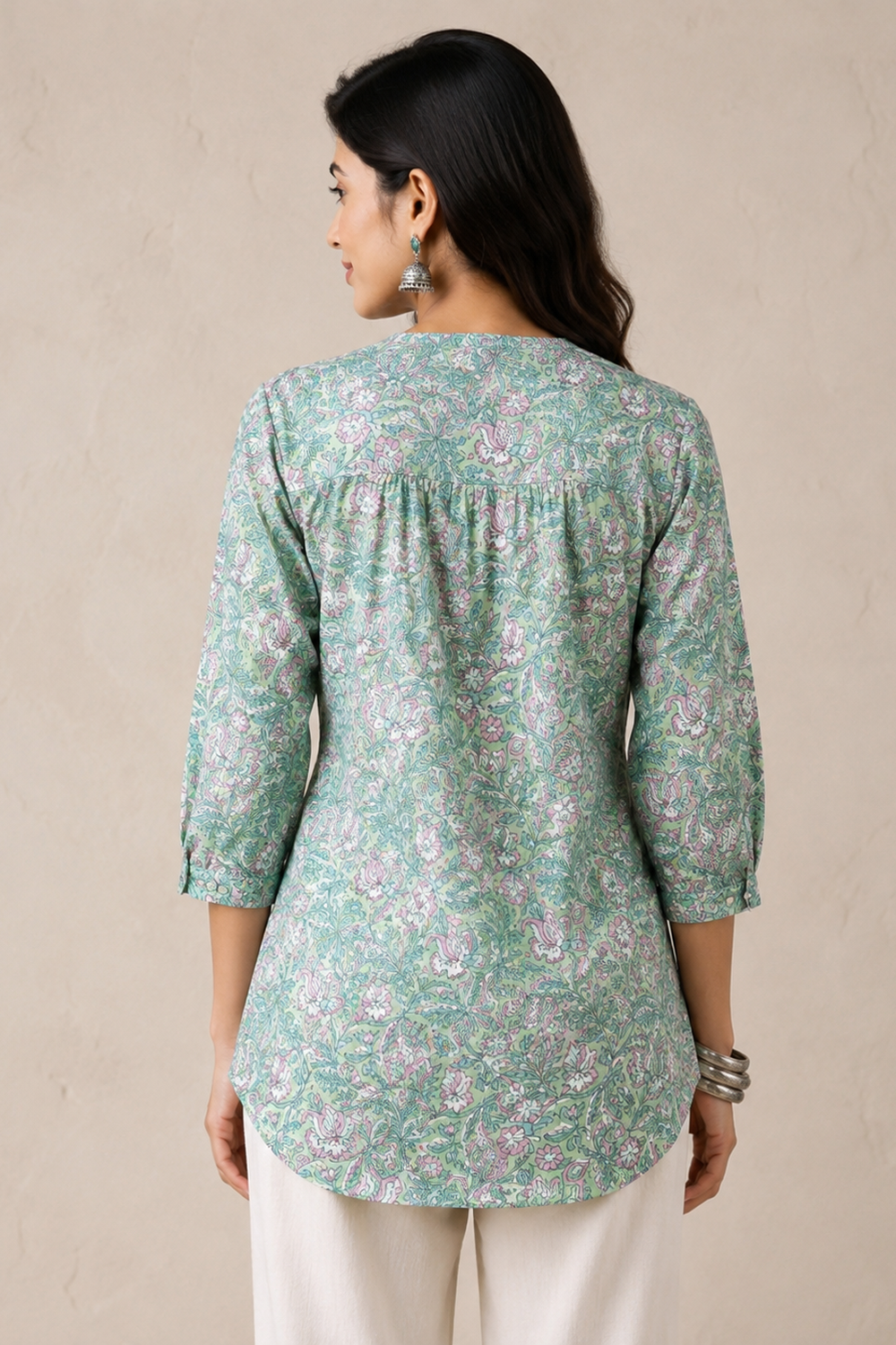 Mint Green Botanical Hand Block Printed Pure Cotton Top