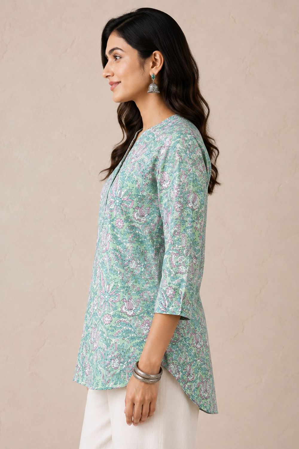Mint Green Botanical Hand Block Printed Pure Cotton Top