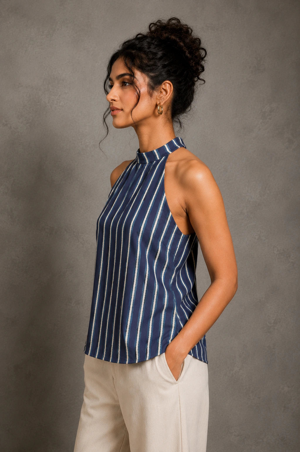 Indigo Stripe Hand Block Print Halter Top