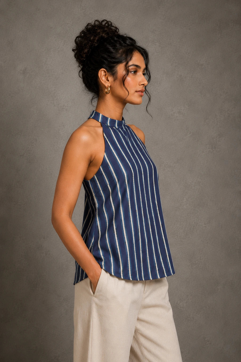 Indigo Stripe Hand Block Print Halter Top