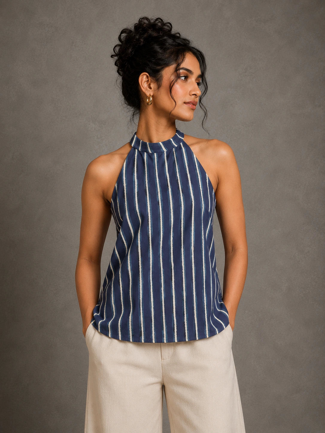 Indigo Stripe Hand Block Print Halter Top
