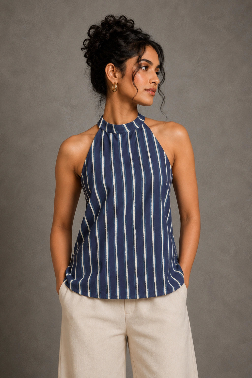 Indigo Stripe Hand Block Print Halter Top