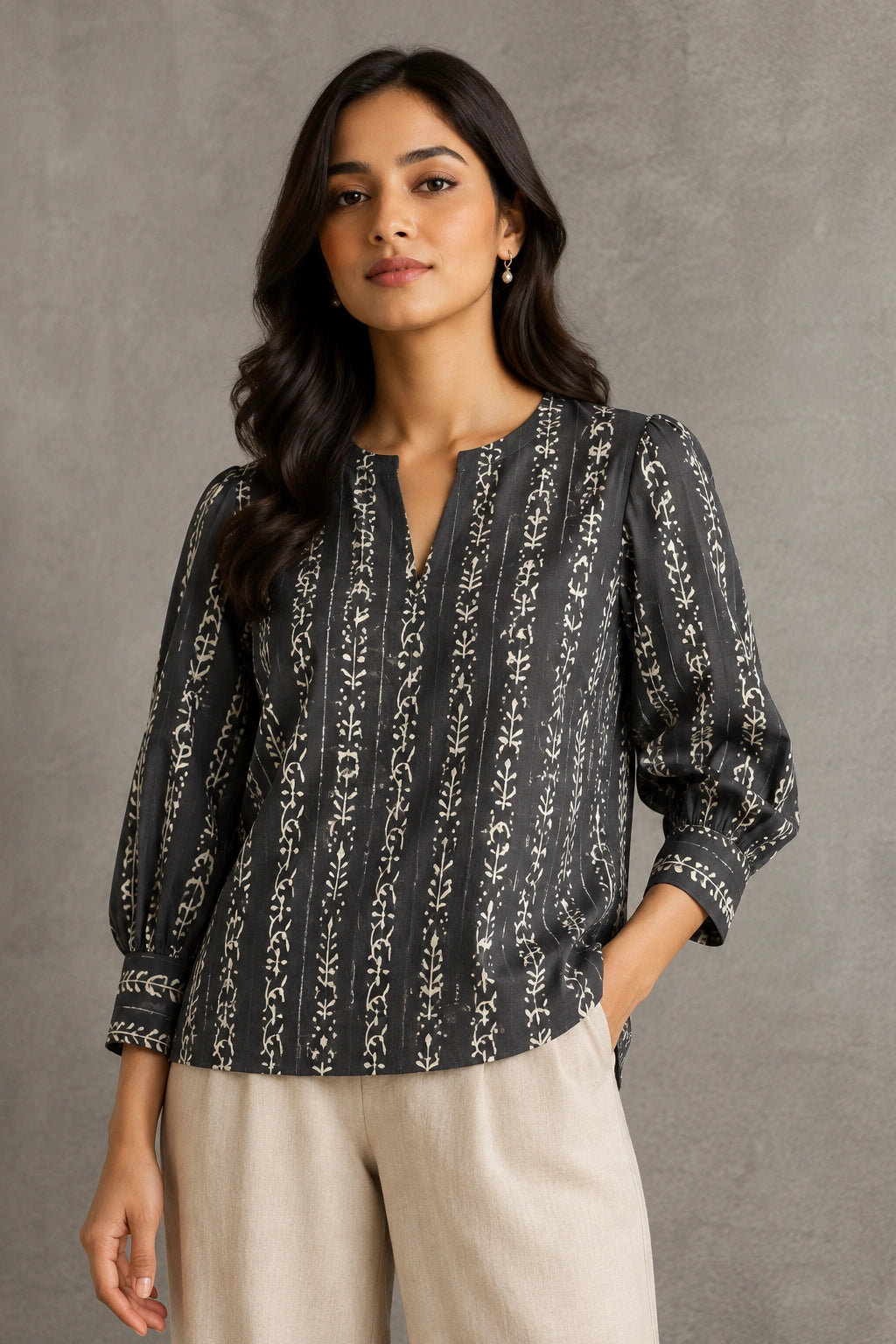 Midnight Vine Hand Block Print Pure Cotton Top