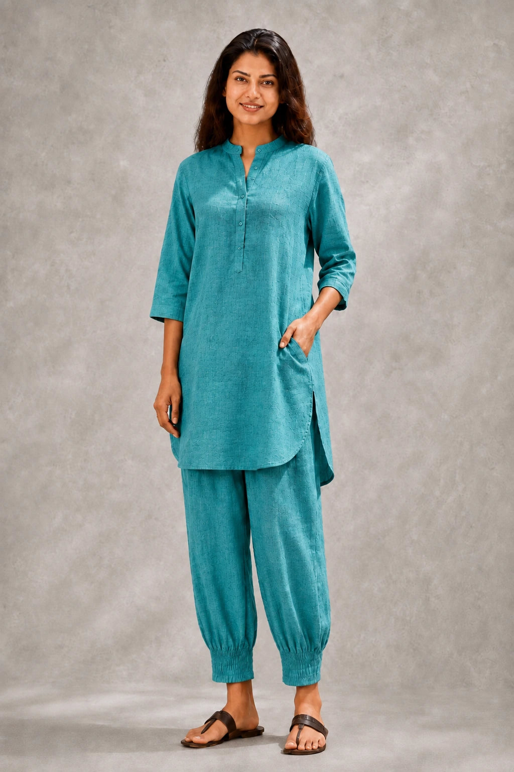 Turquoise Blue Khadi Cotton Co-ord Set