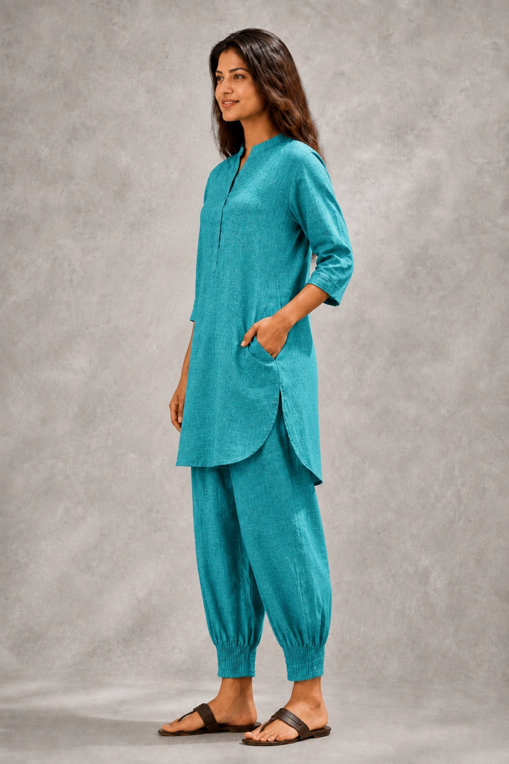 Turquoise Blue Khadi Cotton Co-ord Set