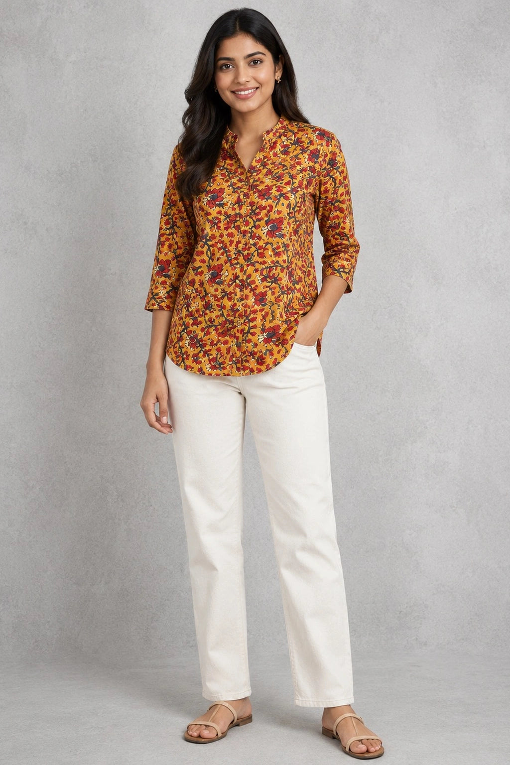 Mustard Gulmohar Hand Block Print Pure Cotton Top