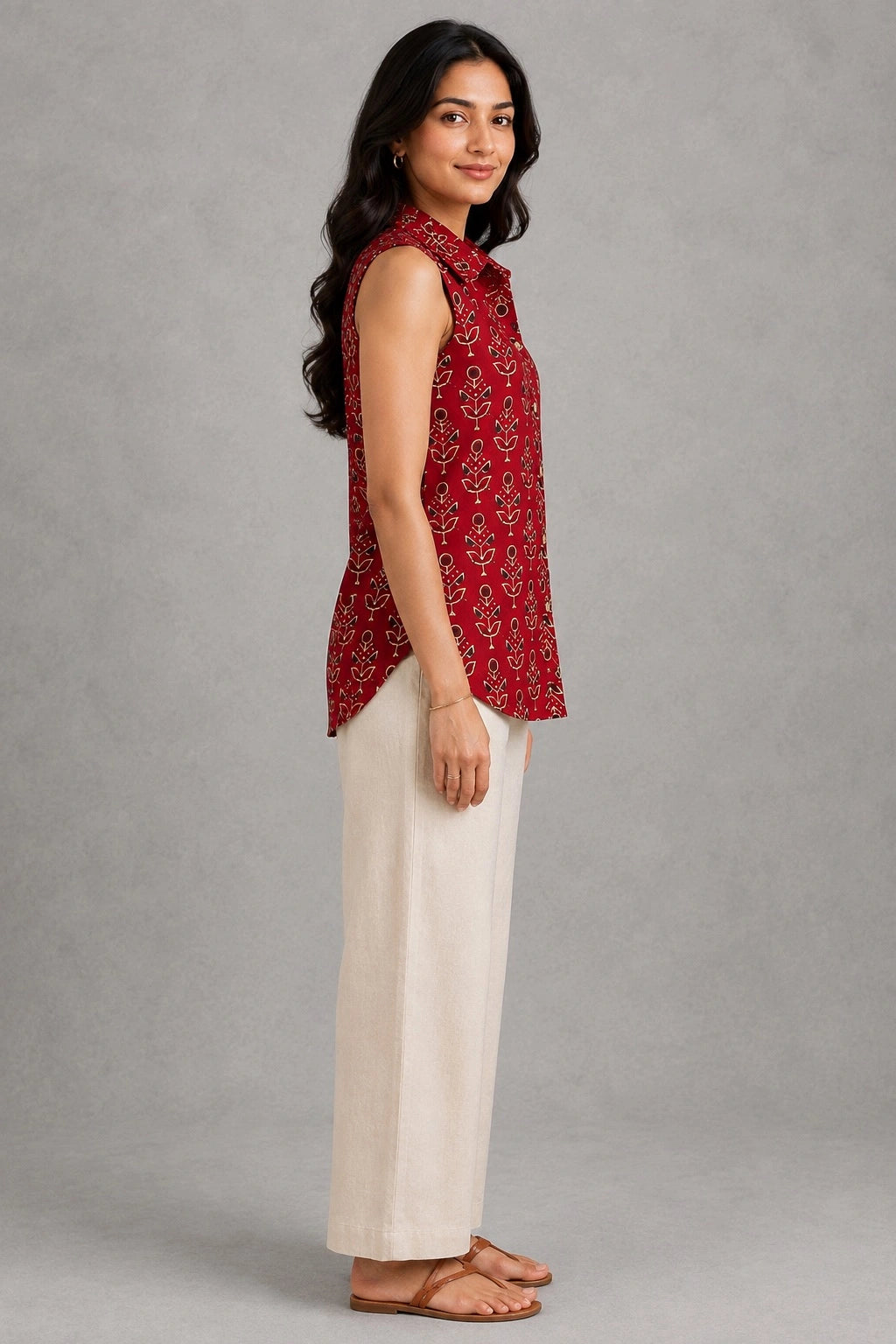 Maroon Hand Block Print Handwoven Pure Cotton Sleeveless Top