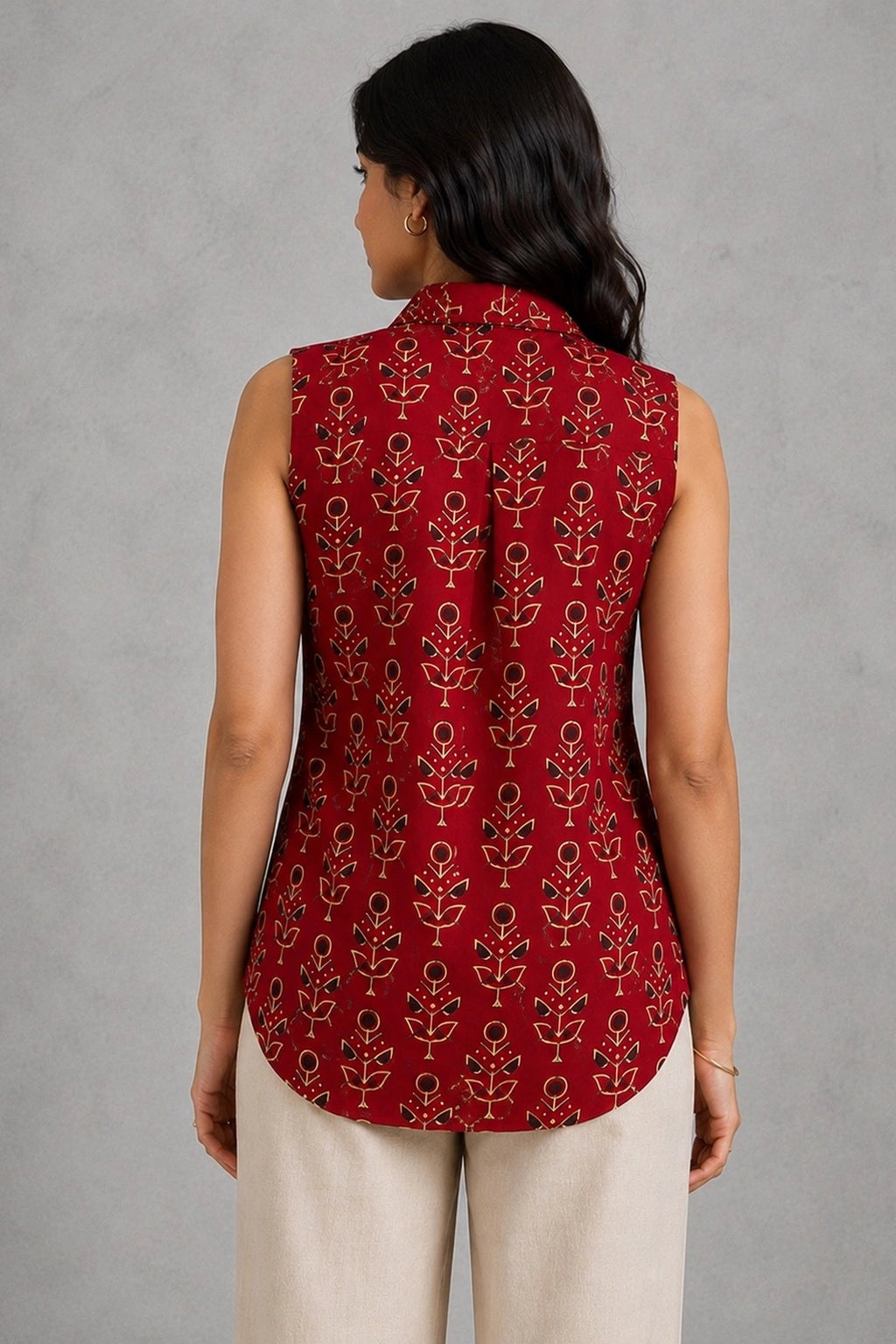 Maroon Hand Block Print Handwoven Pure Cotton Sleeveless Top