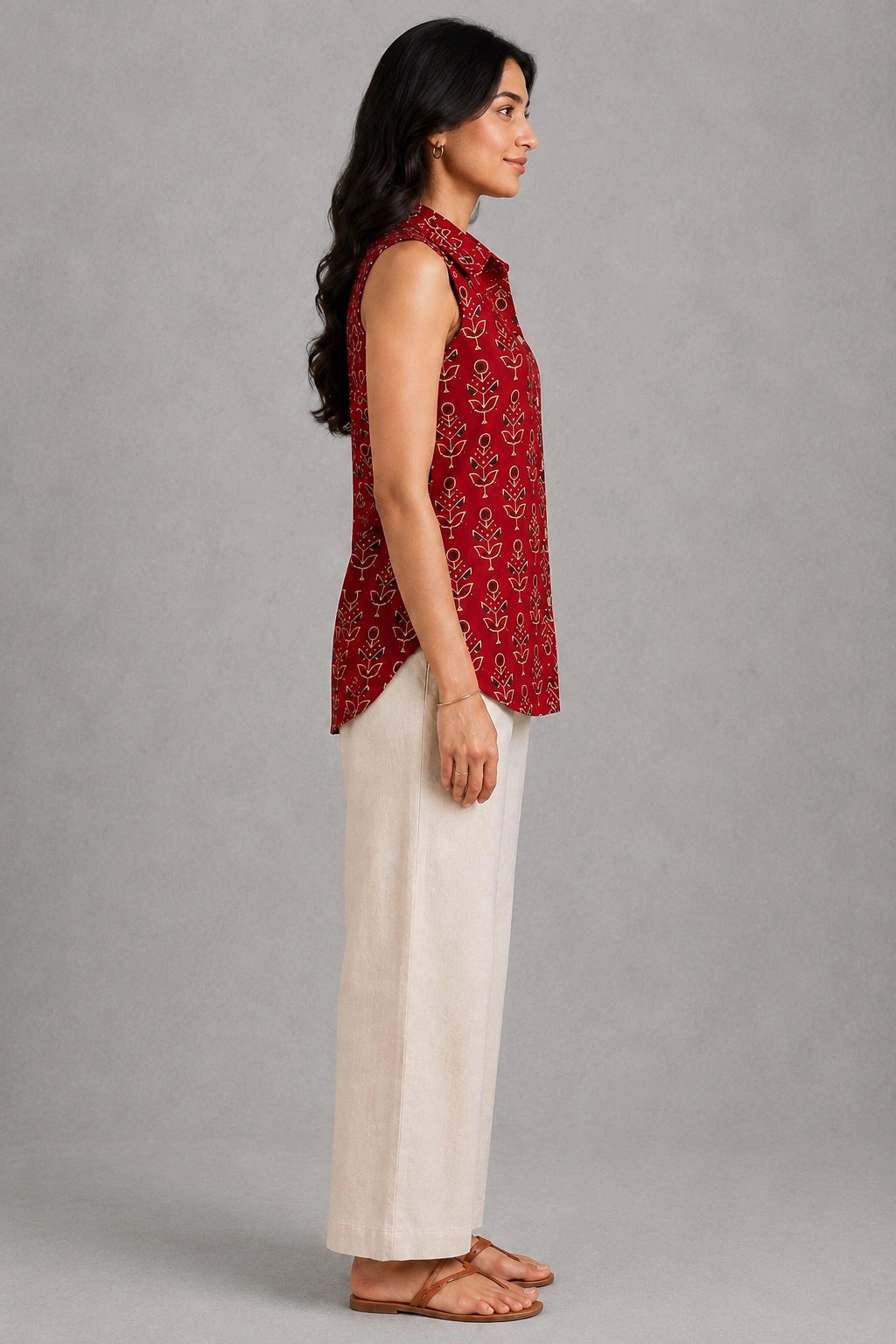 Maroon Hand Block Print Handwoven Pure Cotton Sleeveless Top